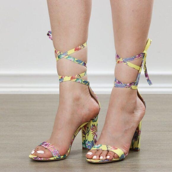 Floral High Heel Sandals Tie-Up Block Heel Open Toe Vibrant Print - Picture 8 of 8